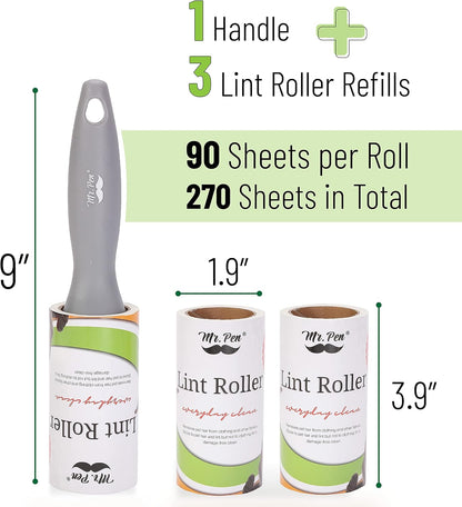 Mr. Pen- Lint Rollers, 1 Handle with 3 Refills, 270 Sheets, Extra Sticky Lint Remover for Clothes, Lint Roller for Pet Hair, Pet Hair Roller, Sticky Roller, Lint Roller for Clothes, Lint Removers
