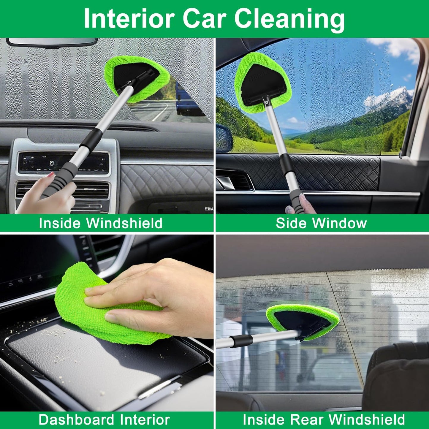 XINDELL Windshield Cleaner Tool – Car Interior Window Cleaning Kit with Extendable Handle & 4 Microfiber Pads, Auto Wiper Inside Windshield Brush for Car & Home Windows