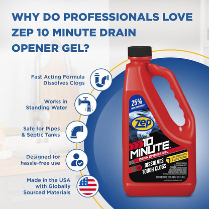 Zep 10 Minute Drain Opener Gel 64 Ounce - ZHCR64NG - Commercial Strength, Fast Acting and Safe for All Pipes