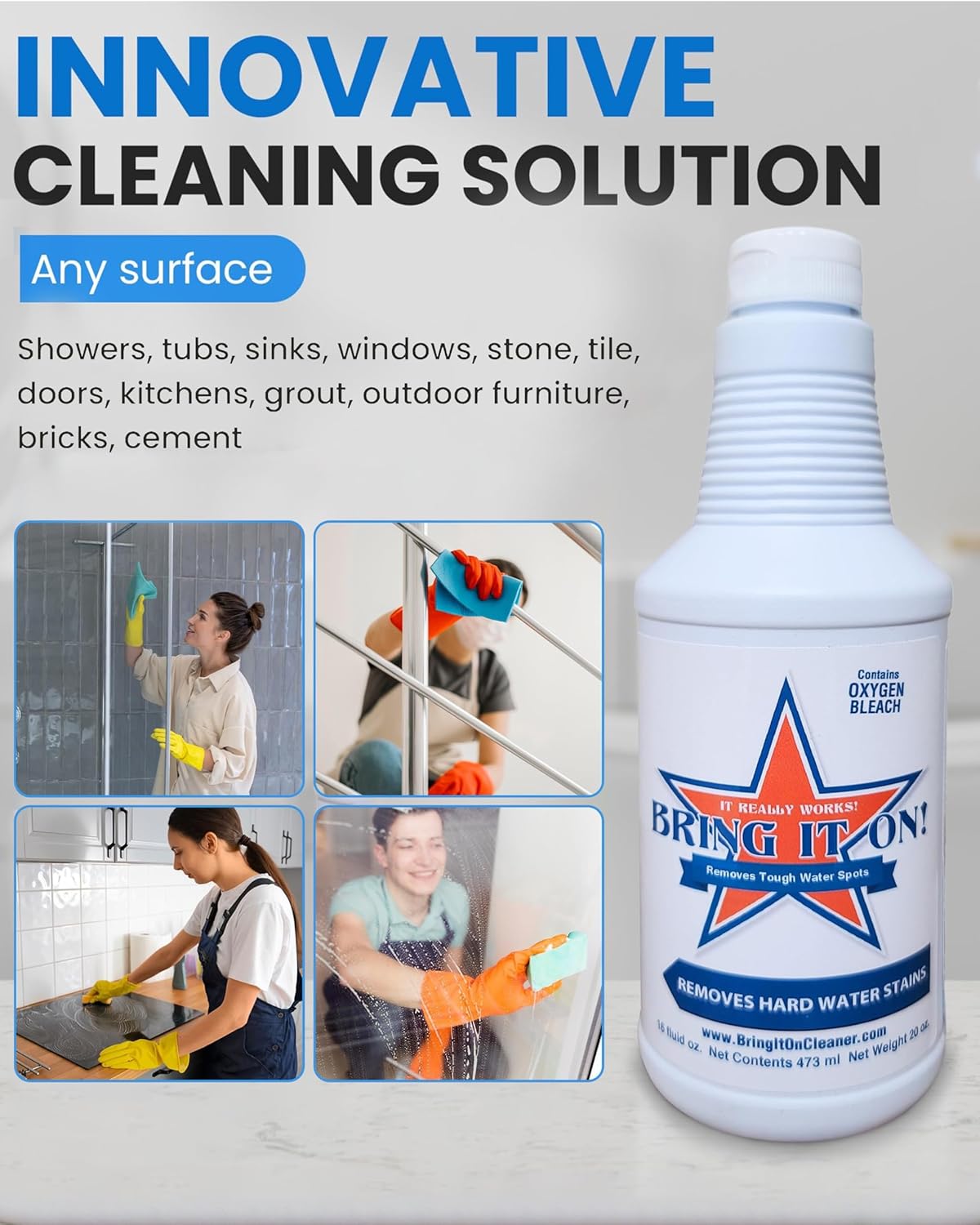 Bring It On Cleaner Hard Water Stain Remover 16 oz | Glass, Soap Scum Remover for Shower Glass, Fiberglass, Windows, Tile and Grout Cleaner, and Includes Scrubbing Drill Pads