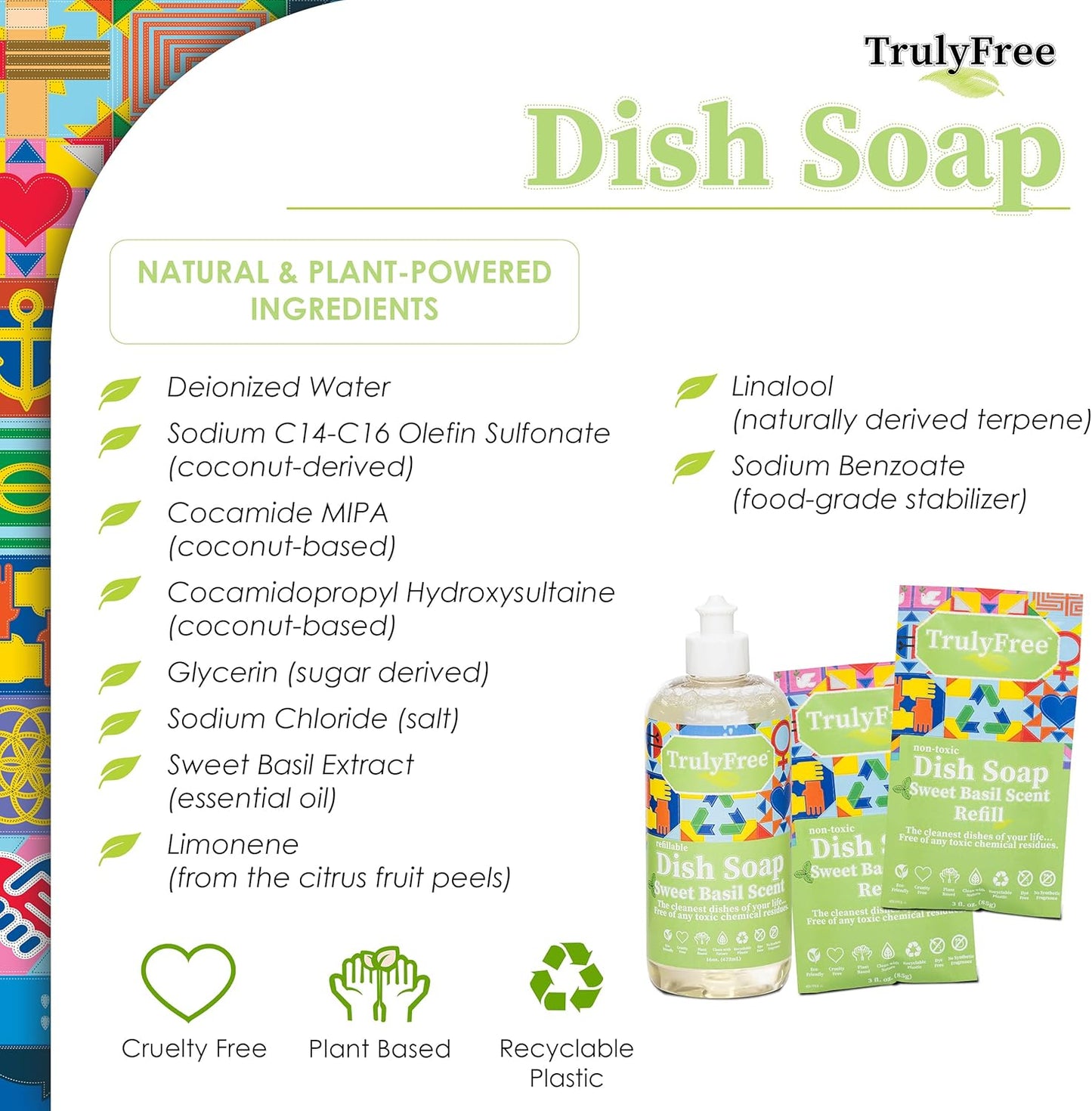 Truly Free Non Toxic Dish Soap Kit | Natural Concentrated Dishwashing Liquid - Sweet Basil Scent | Organic Plant-Based | Family Safe - Eco-Friendly Formula | 16 fl oz
