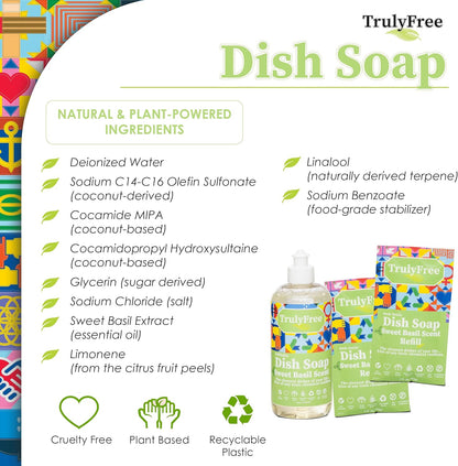 Truly Free Non Toxic Dish Soap Kit | Natural Concentrated Dishwashing Liquid - Sweet Basil Scent | Organic Plant-Based | Family Safe - Eco-Friendly Formula | 16 fl oz
