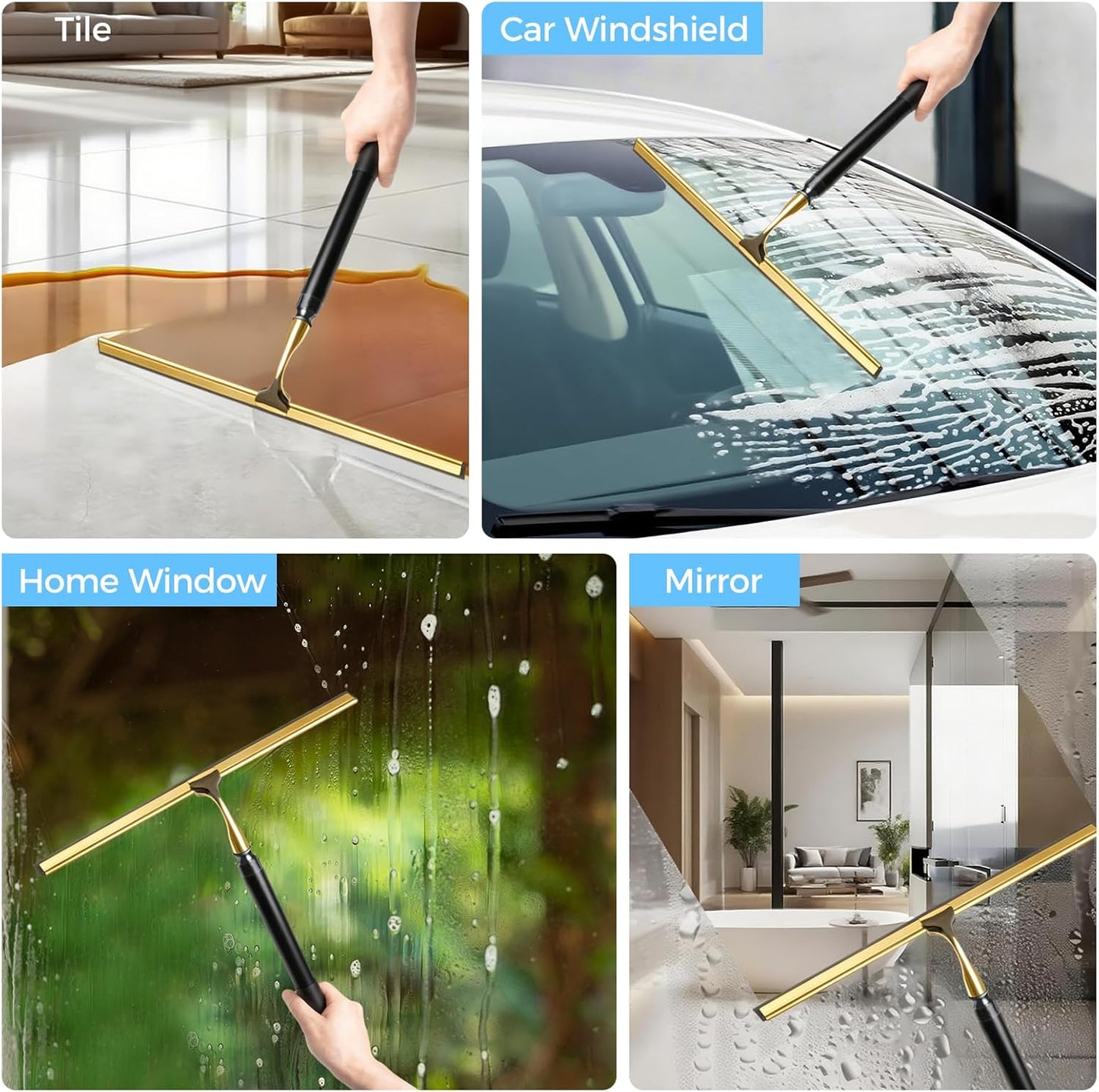 16.7“- 59.5" Long Handle Window Squeegee with Extension Pole, 12.4" Wide Metal Shower Squeegee for Glass Doors, 2-in-1 Squeegee for Home Window Cleaning, Tile Wall, Car (Silver)
