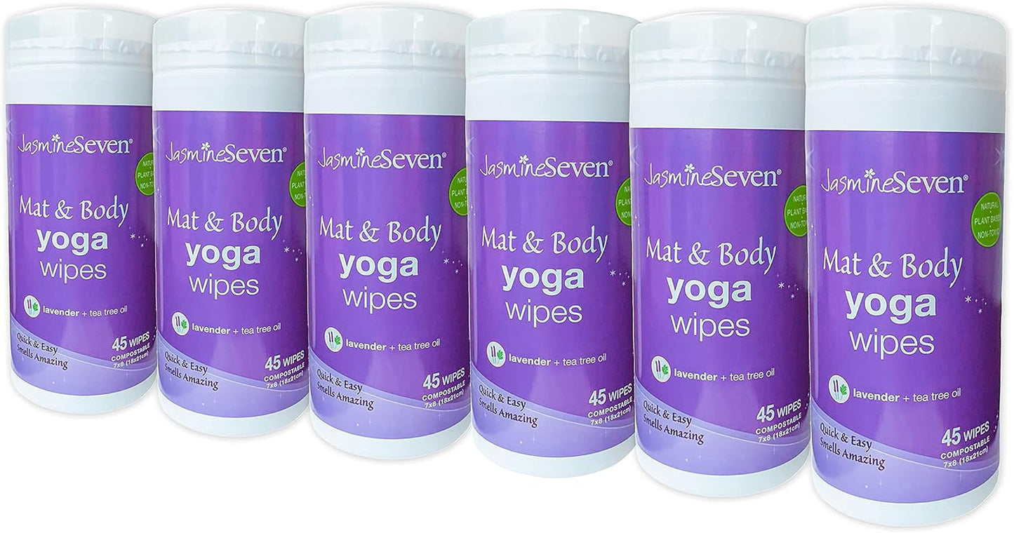 Yoga Wipes for Mat and Body - Bulk CASE of 6 - Natural Lavender and Tea Tree - by Jasmine Seven - for Studio, Gym, Spa, Fitness