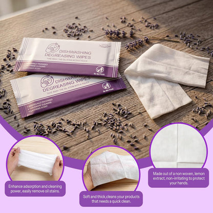 Dish Wipes for Camping Individually Wrapped Dish Cleaning Wipes Travel Lavender Scent 7.7”x 7.3” Disposable for Kitchen Outdoor Traveling RV Quick Clean (Pack of 50)
