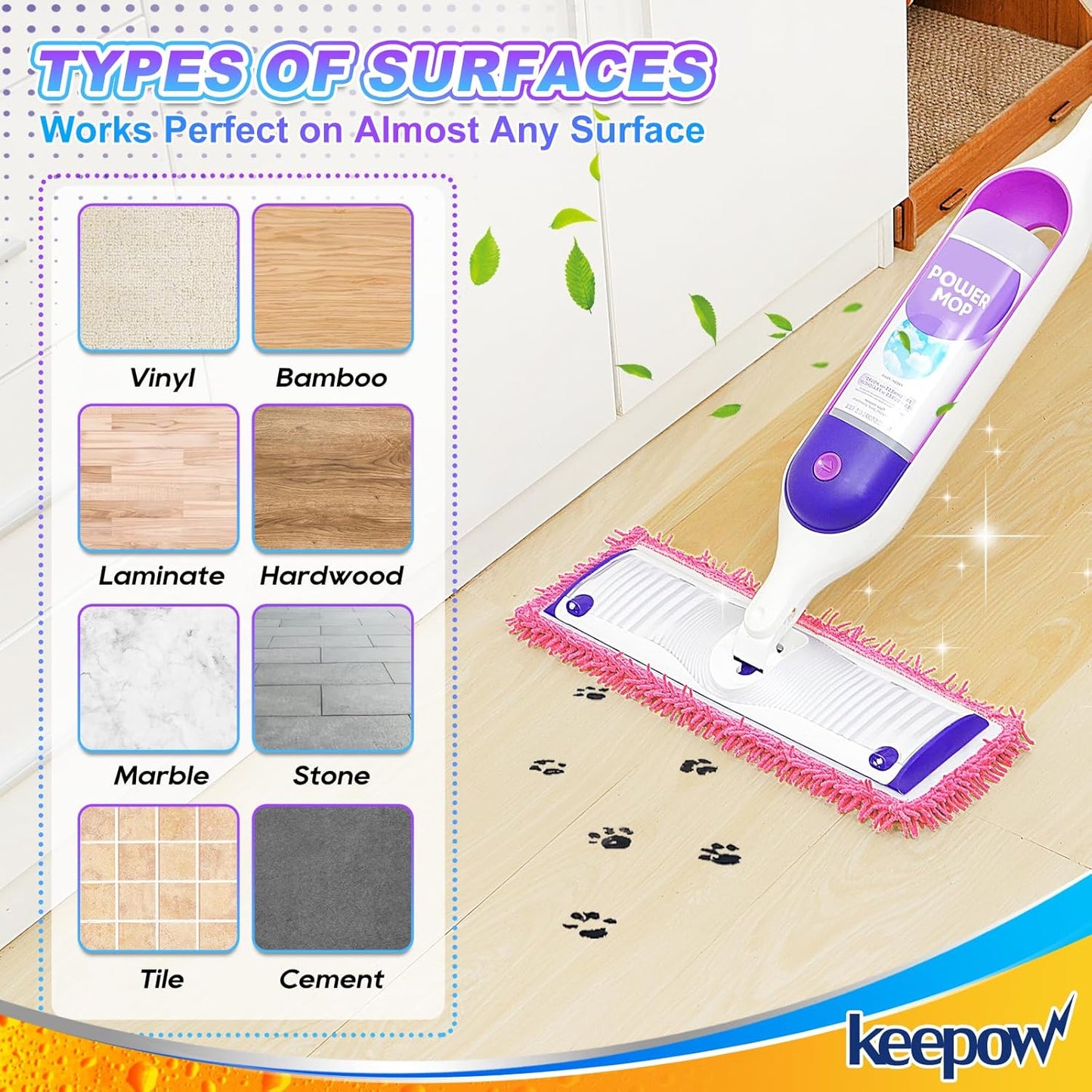 KEEPOW Reusable Microfiber Mop Pads Compatible with Swiffer PowerMop 4 Pack, Power Mop Pads Refills for 13 ''-15 '' Spray Mop, Machine Washable Pad Replacement for Multi-Surface Floor Cleaning