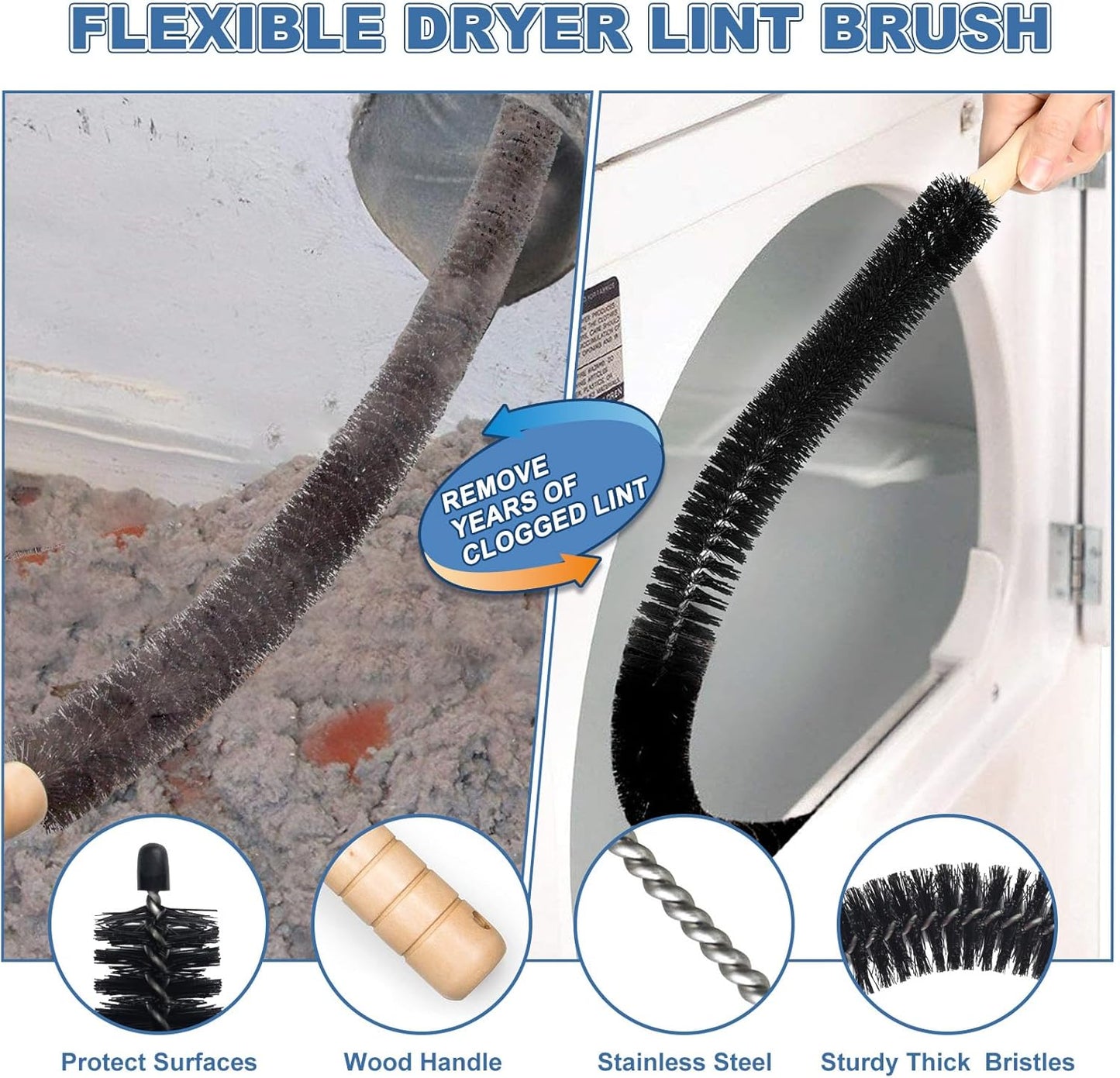 PetOde 2 Pieces Dryer Vent Cleaner Kit Compatible with Most Vacuum Cleaner, Dryer Lint Brush and Vacuum Hose Attachment with Universal Connector, Quickly Lint Remover