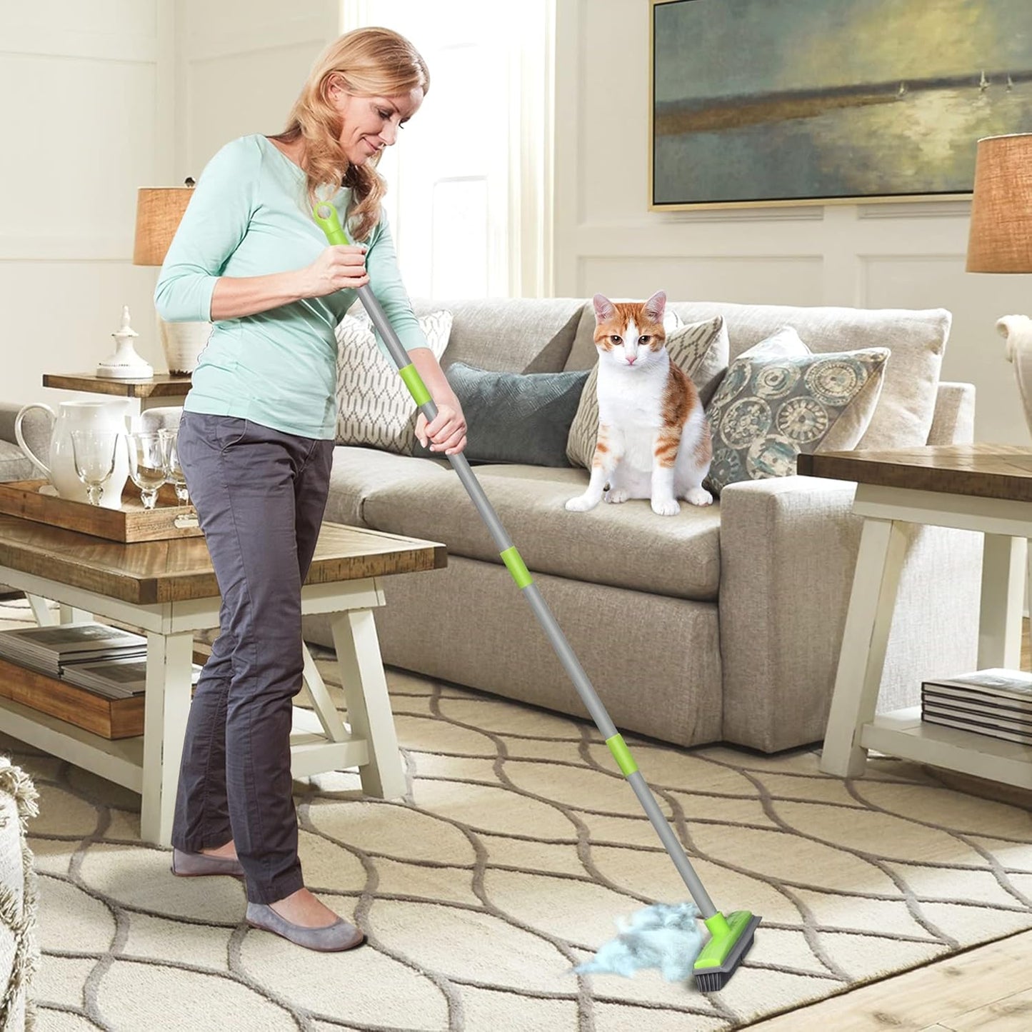 LandHope Carpet Rake for Pet Hair Remover Long Handle with Squeegee, Rubber Broom Carpet Brush Non Scratch Bristles Fur Remover Indoor Outdoor Push Broom for Cat Dog Hair Hardwood Tile Windows Clean