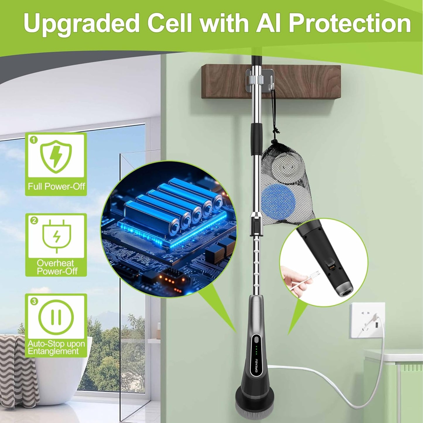 Electric Spin Scrubber, Dreazu IPX7 Shower Scrubber with 7 Replaceable Brush Heads & Retractable Handle, 2-Speed Adjustable Shower Cleaner for Bathroom,Toilet, Bathtub, Kitchen, Tile Floors