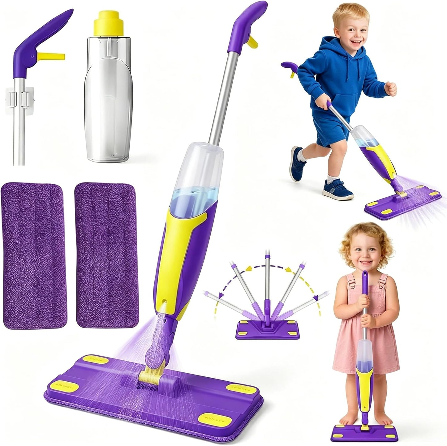 Kids Spray Mop Toddler Cleaning Set with Realistic Spray Bottle 2 Washable Pads and Scraper Montessori Pretend Play Housekeeping Toy for Boys Girls Age 1-3