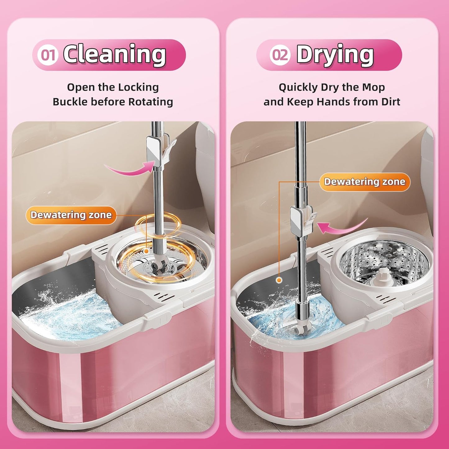Spin Mop and Bucket with Wringer Set for Home,360° Mop and Bucket with Separate Clean and Dirty Water,Wet Dust Mop for Floor Cleaning with Extra Refills (Silver)