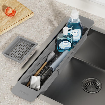 NiHome Extendable Over Sink Kitchen Organizer, Small Telescopic Brush Storage Rack for Sponge, Non-Slip Pads Expandable Sink Caddy, Adjustable Sponge/Brush Rack with Drainage Durable ABS (Black)