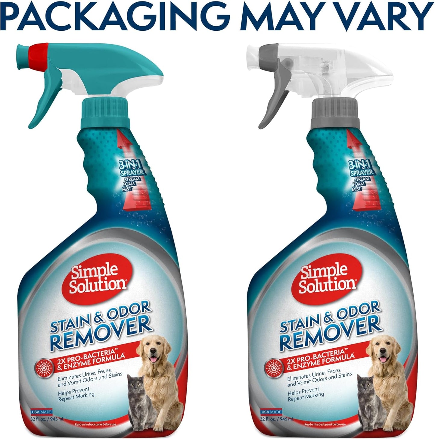 Simple Solution Stain and Odor Eliminator Spray, Enzyme Carpet Cleaner for Dogs and Cats, Pet Stain Remover and Urine Odor Eliminator, Multi Surface Pet Cleaning Solution, 32 oz (Pack of 2)