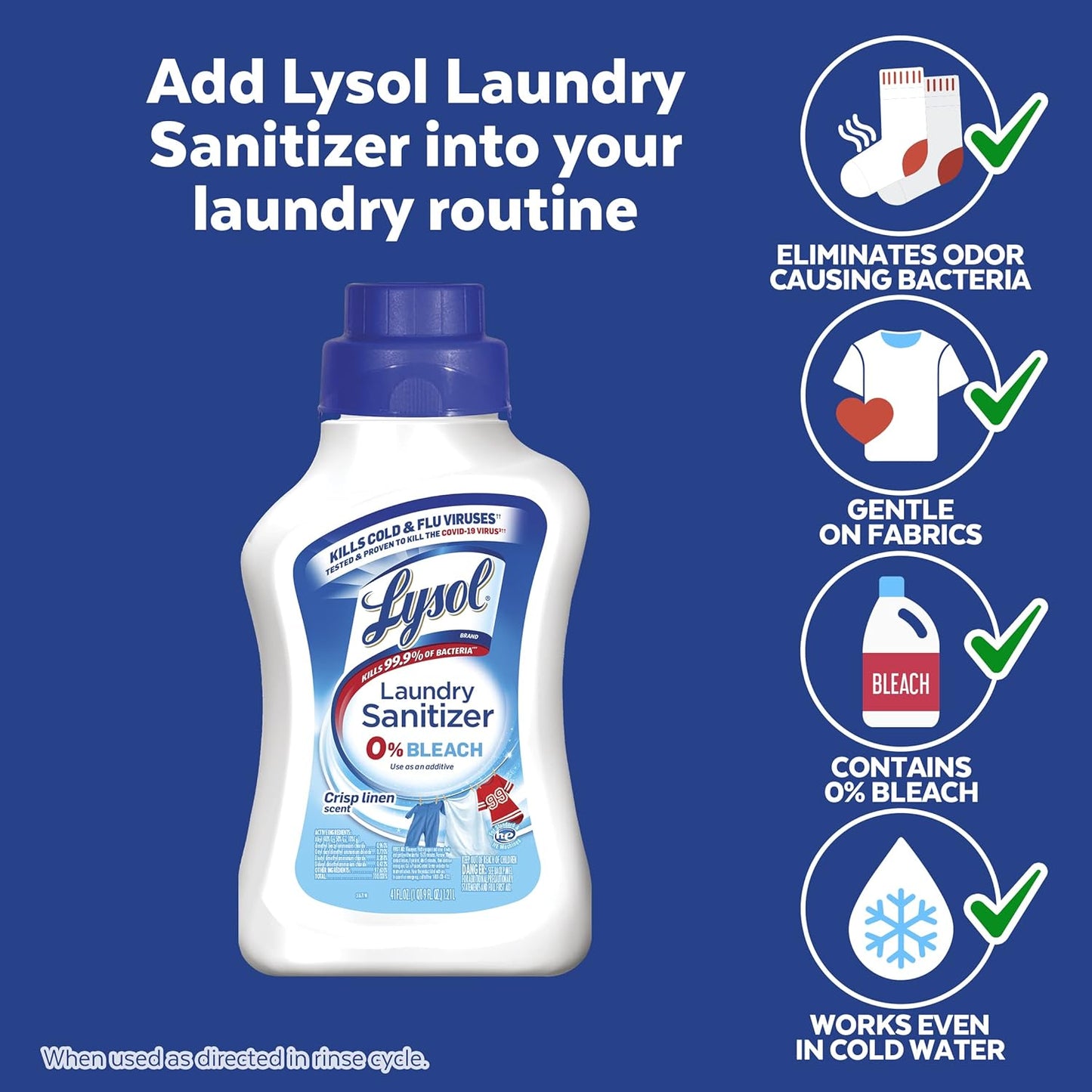 Lysol Disinfectant Laundry Sanitizer & Scent Booster, Laundry Detergent Additive, Color Safe Bleach Alternative, Laundry Odor Eliminator, Kills Bacteria & Viruses, Crisp Linen Scent, 41 Fl Oz Liquid