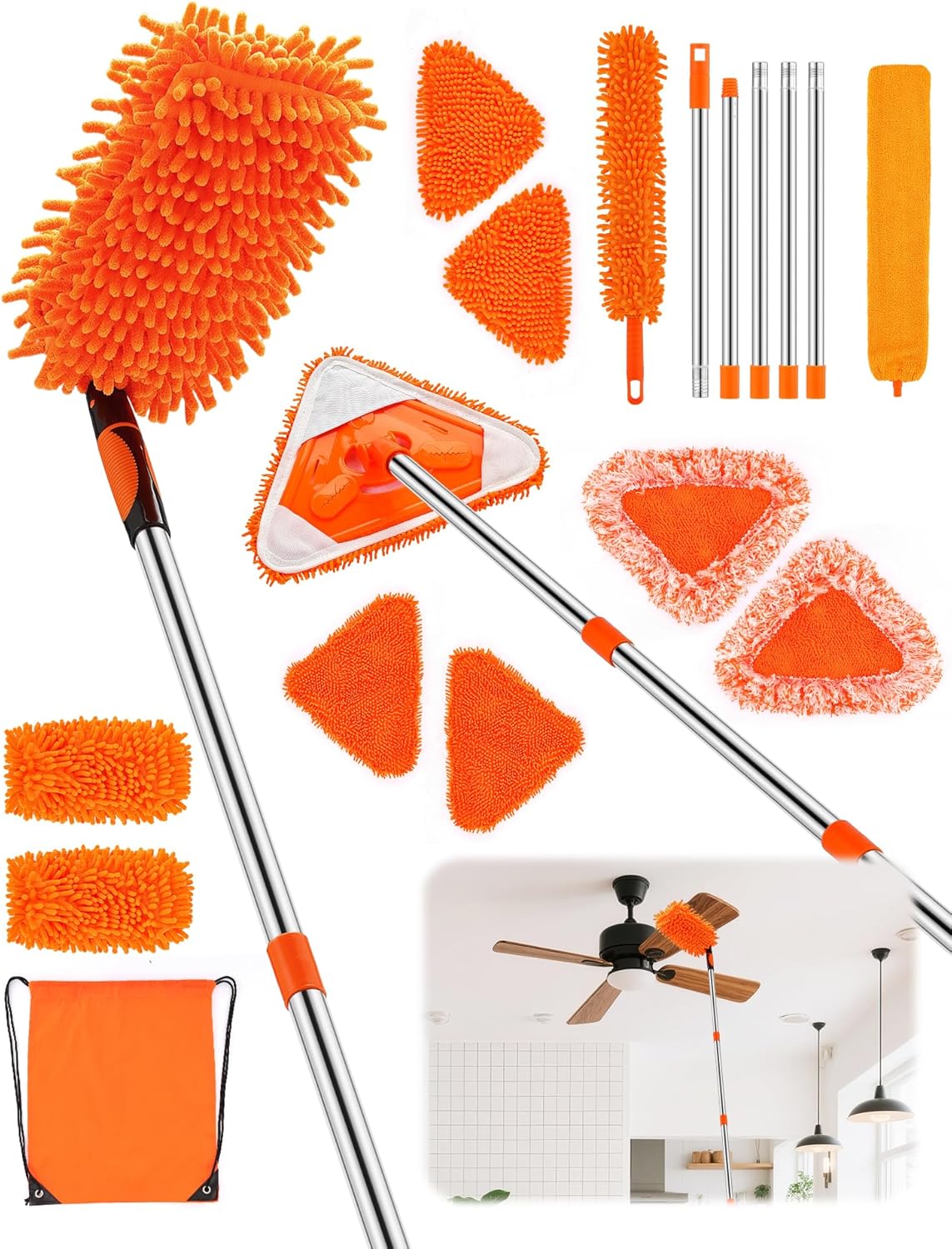 Ceiling Fan Cleaner Duster with 76" Extendable Long Handle,180° Wall Mop Cleaner for Walls/Ceiling Fan/Dust/Baseboard/Floor/Blade Blinds/Doors Clean,Feather Duster Cleaning Kit