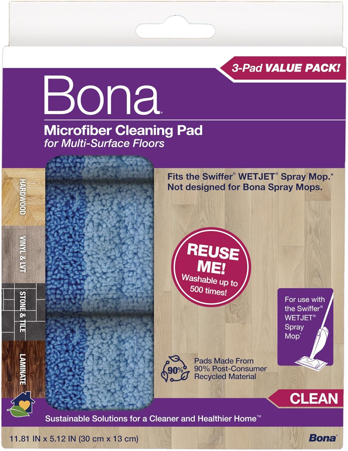 Bona Mop Microfiber Cleaning Pad for Hardwood & Hard Surface Floors - Value 3-Pack - For Use With Bona Mops - Dual Zone Cleaning