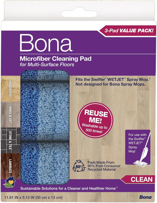 Bona Mop Microfiber Cleaning Pad for Hardwood & Hard Surface Floors - Value 3-Pack - For Use With Bona Mops - Dual Zone Cleaning
