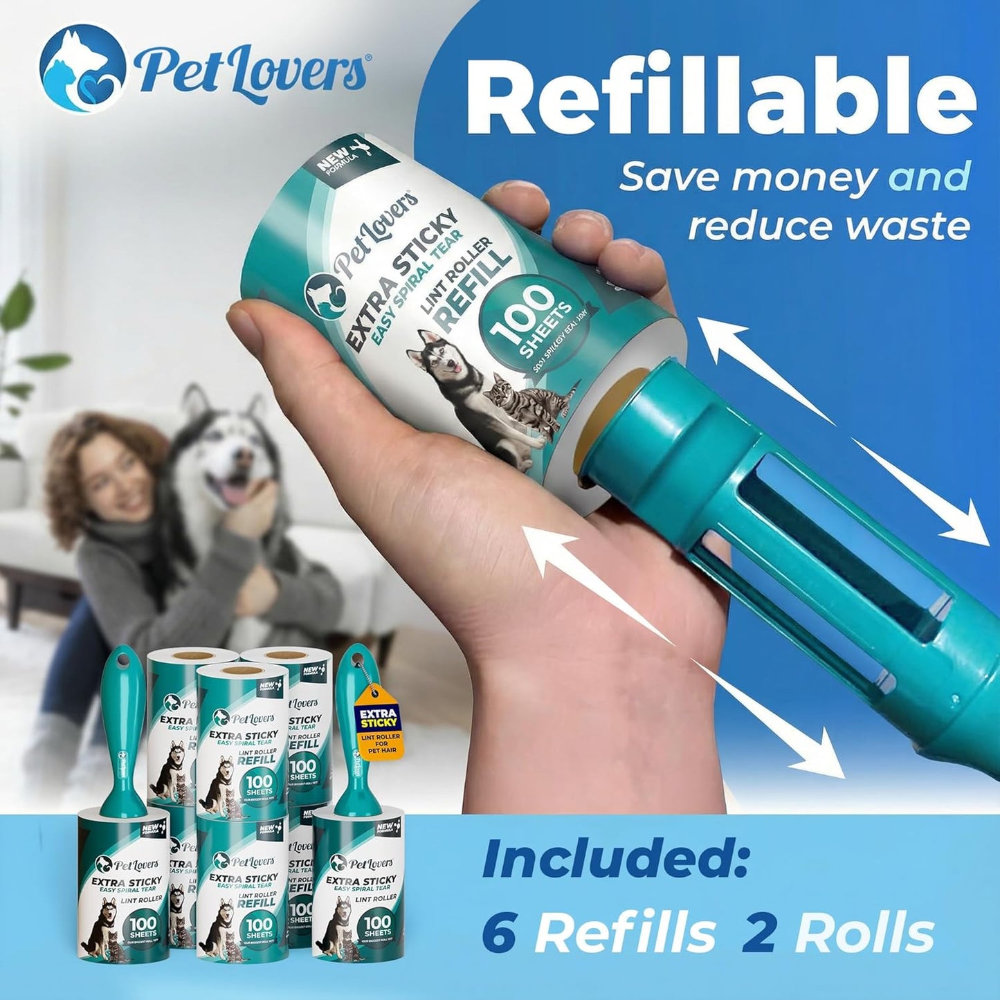 PetLovers Extra Sticky Lint Roller Mega Value Set 600 Sheets for Pet Hair Removal, Dog and Cat Lint Remover 6 Pack