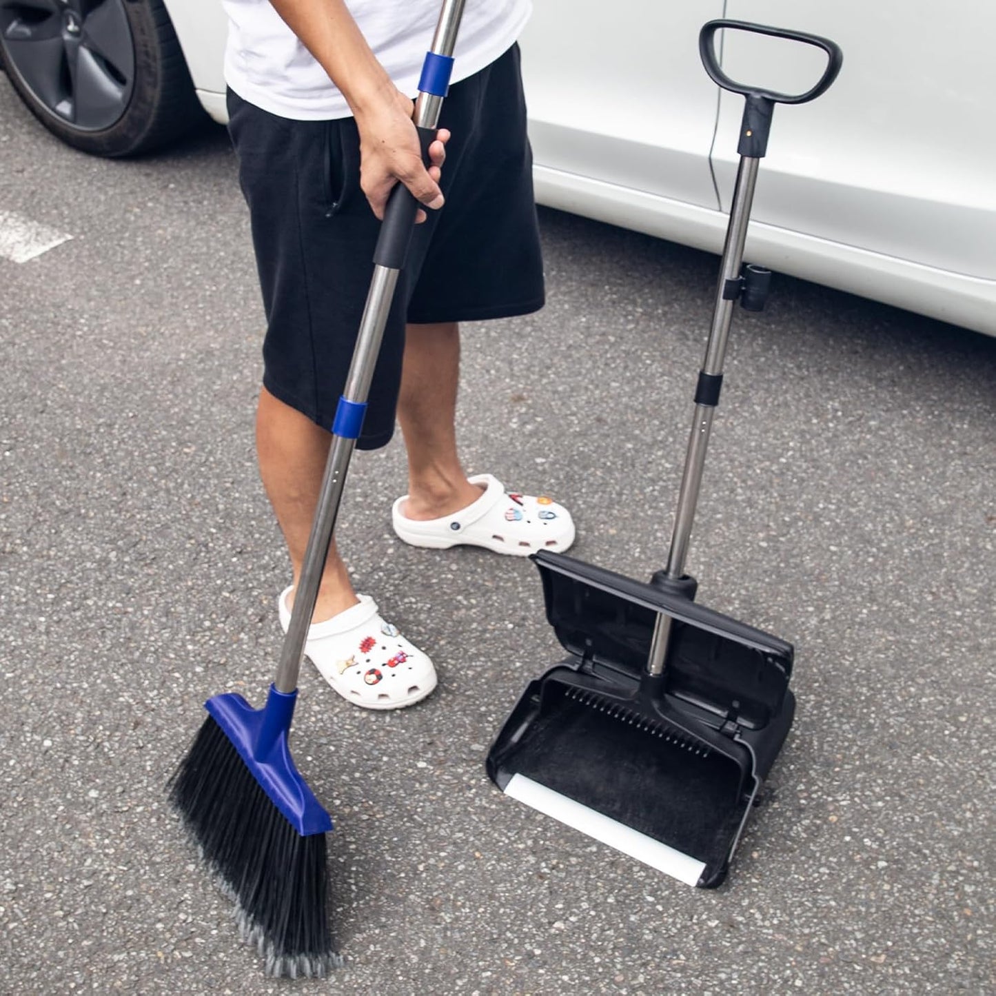 Indoor/Outdoor Heavy Duty Broom and Dustpan Set,Upright Plastic Commercial Dust Pan with 2 Brooms Perfect for Sweeping Courtyard Garage Lobby Kitchen Office Mall Market Shop Floor