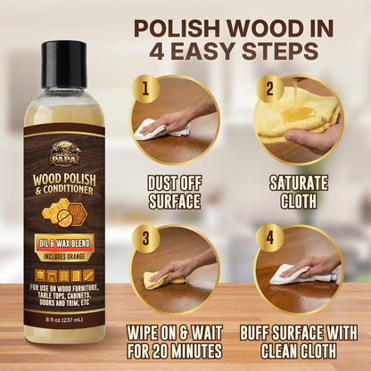 Natural Wood Polish & Conditioner with Orange Oil - Beeswax Furniture Polish and Cleaner, Oil & Wax Blend for Furniture, Cabinets, Tables, Doors & Trim, Enhances Color & Grain, Wood Care, 8 fl oz