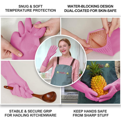 DABOGOSA Mamison 2 Pairs Reusable Waterproof Household Dishwashing Cleaning Rubber Gloves, Non-Slip Kitchen Glove (Pink, Medium (Pack of 2))