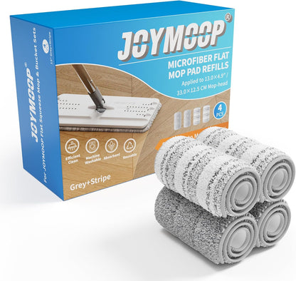 JOYMOOP 17.7-Inch Microfiber Flat Mop Replacement Pads – Washable Reusable Grey & Stripe, Pack of 4 Heavy-Duty Wet & Dry Refill for JOYMOOP Flat Mop & Bucket System