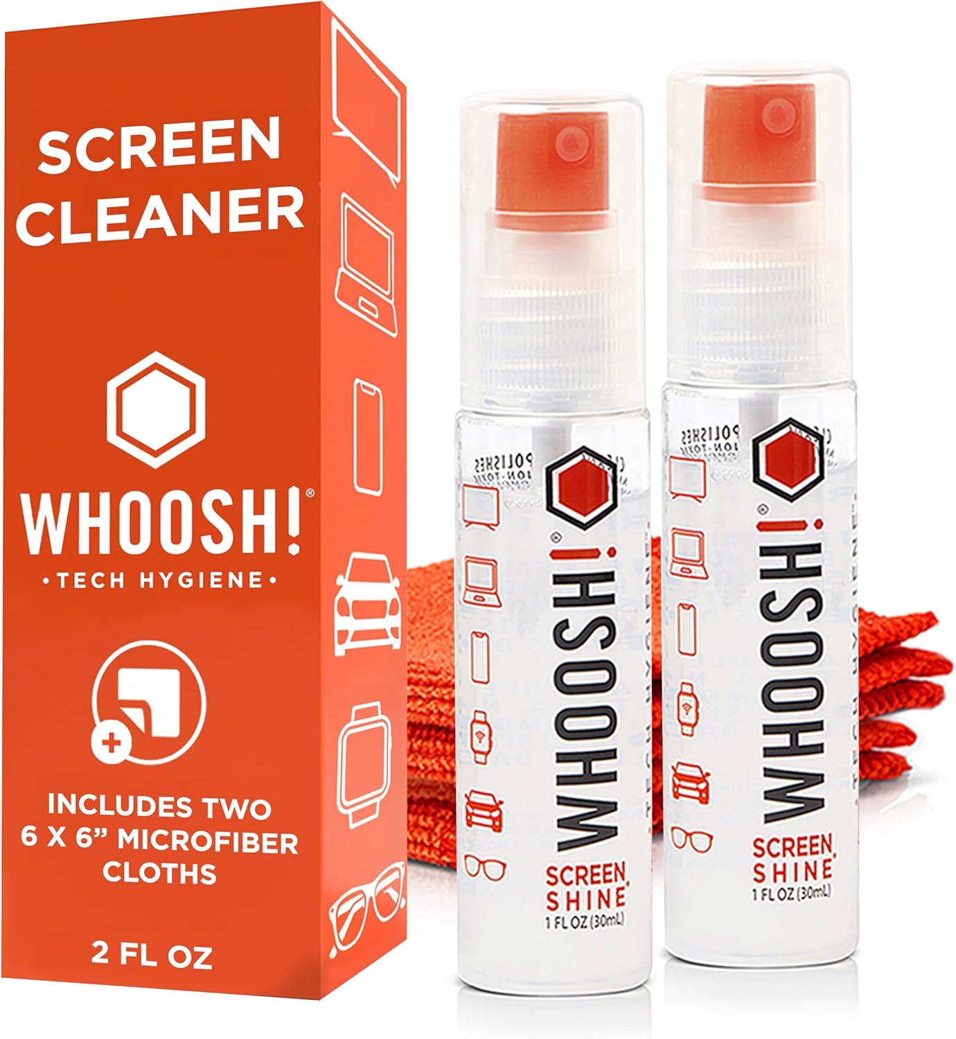 WHOOSH! Screen Shine Go - 1 fl oz Refillable Screen Cleaner Kit with Microfiber Cloth for MacBook, Phone, iPad & Eyeglasses - Powerful Streak-Free Cleaning - Pocket-Sized, TSA-Approved for Travel