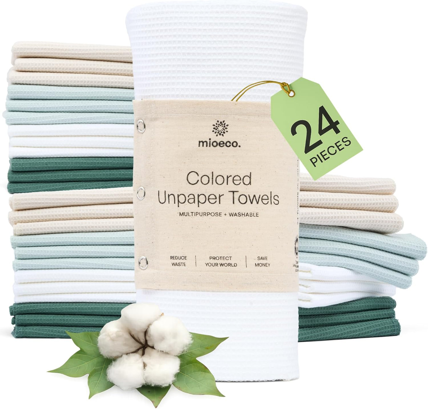 mioeco 20 Pack Reusable Kitchen Paper Towels Washable - Super Absorbent Natural unPaper Towels - Natural Cotton - Reusable, Paperless Kitchen Dish Cloths - 100% Organic