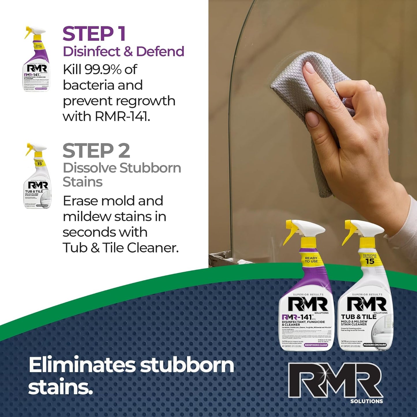 RMR Bathroom Brilliance Bundle – Tub & Tile Stain Spray + RMR-141 EPA Registered Mold & Mildew Remover, 2-Step Bathroom Cleaning & Disinfecting System for Showers, Sinks, Tile, Grout, 2–32 Oz Bottles