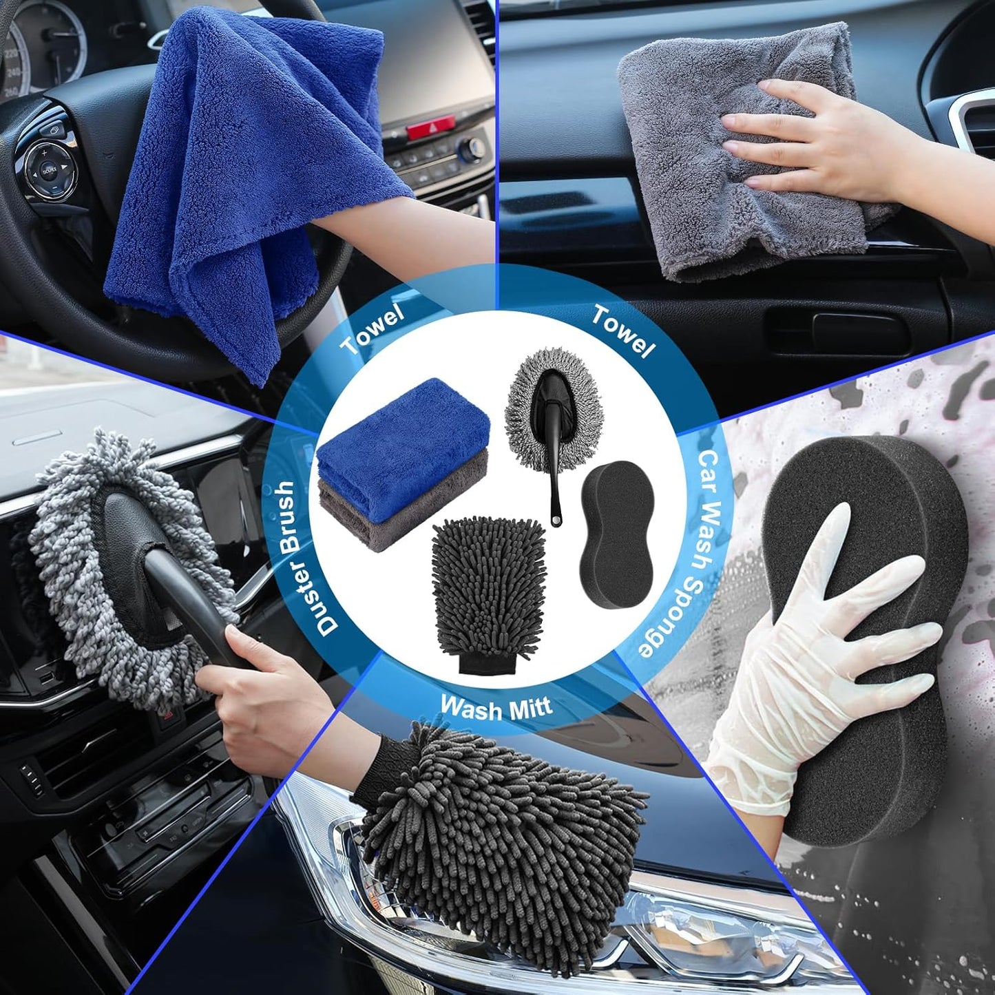 42Pcs Car Wash Detailing Kit Cleaning Set with Foam Gun Sprayer, Long-Handle Brush, Collapsible Bucket, Large Wash Mitt, Towels, Complete Interior & Exterior Car Washing Supply Set (Blue)
