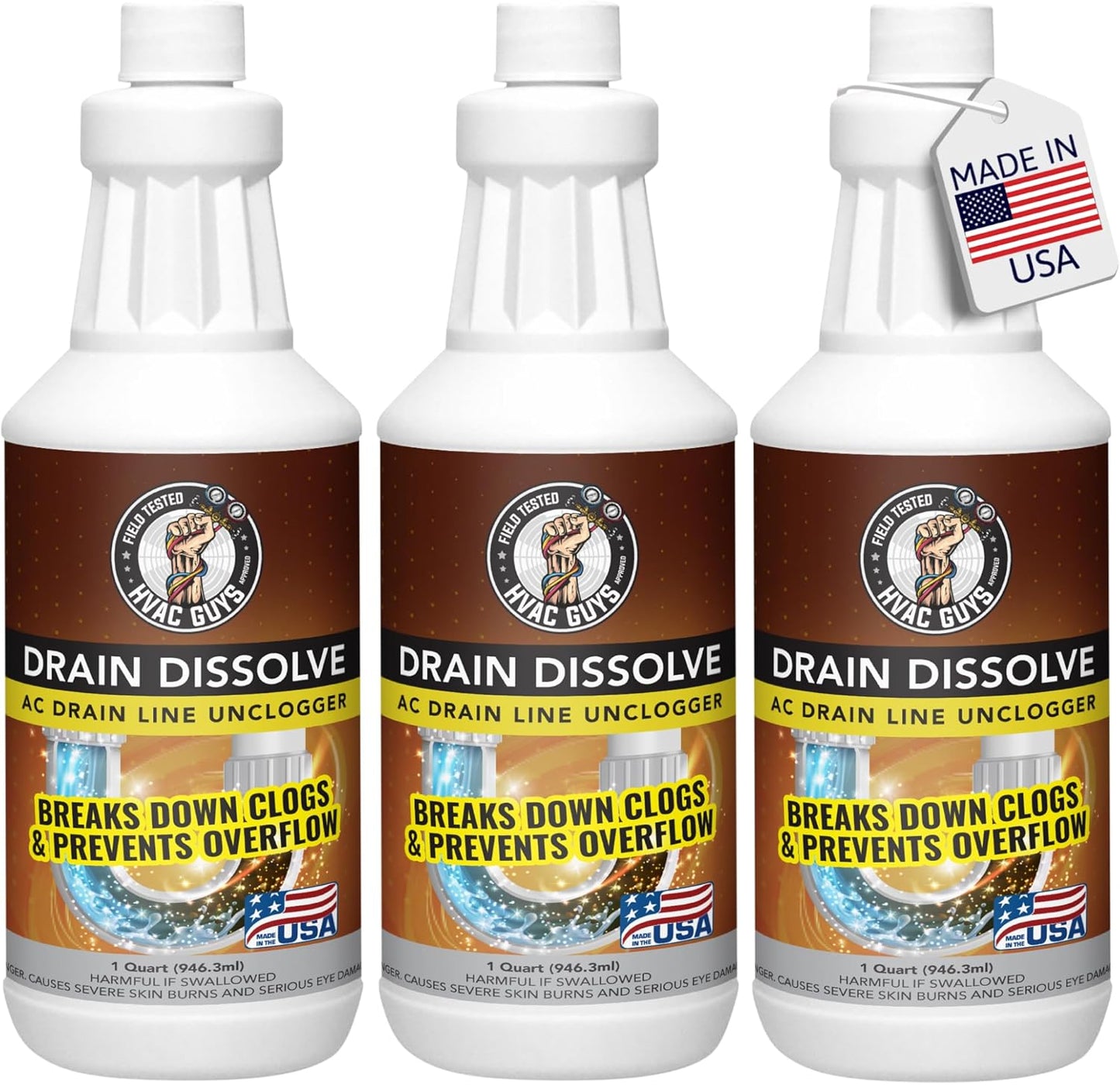 HVAC Guys Drain Dissolve | AC Drain Line Cleaner & Unclogger | Heat Generating Alkaline Formula | Prevents Overflow | Clears Hair, Grease, Gunk - 32oz