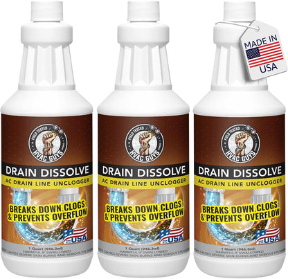 HVAC Guys Drain Dissolve | AC Drain Line Cleaner & Unclogger | Heat Generating Alkaline Formula | Prevents Overflow | Clears Hair, Grease, Gunk - 32oz