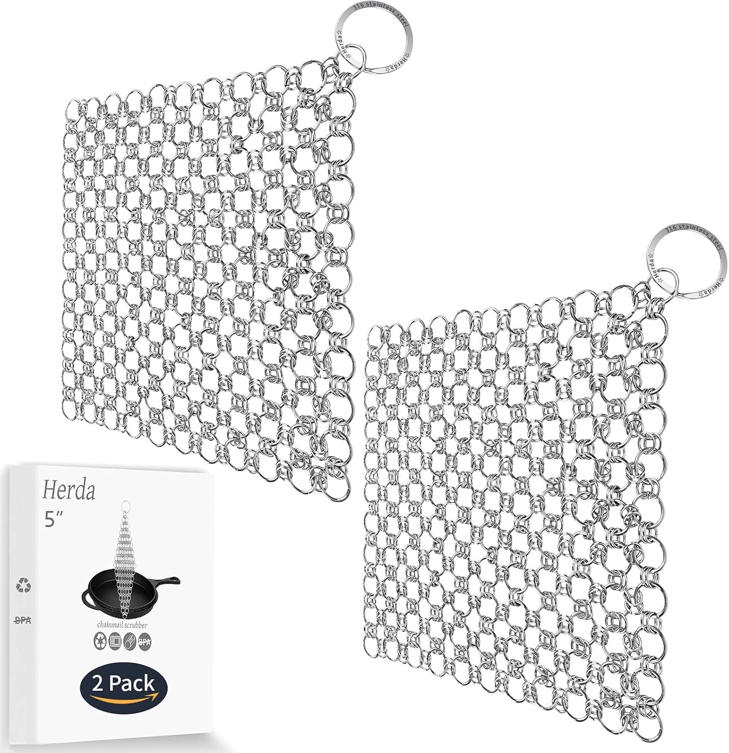 2Pack 4" Chain Mail Cast Iron Cleaner Scrubber, 316 Chainmail Scrubber Cast Iron Skillet Cleaning Brush, Chainmail Scrubbing Metal Scrub Tool to Clean Dutch Oven Carbon Steel Wok Grill Pan Pot