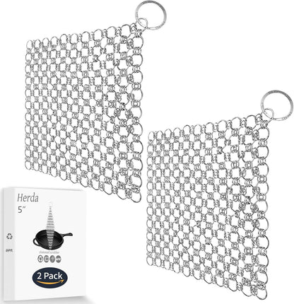 2Pack 4" Chain Mail Cast Iron Cleaner Scrubber, 316 Chainmail Scrubber Cast Iron Skillet Cleaning Brush, Chainmail Scrubbing Metal Scrub Tool to Clean Dutch Oven Carbon Steel Wok Grill Pan Pot