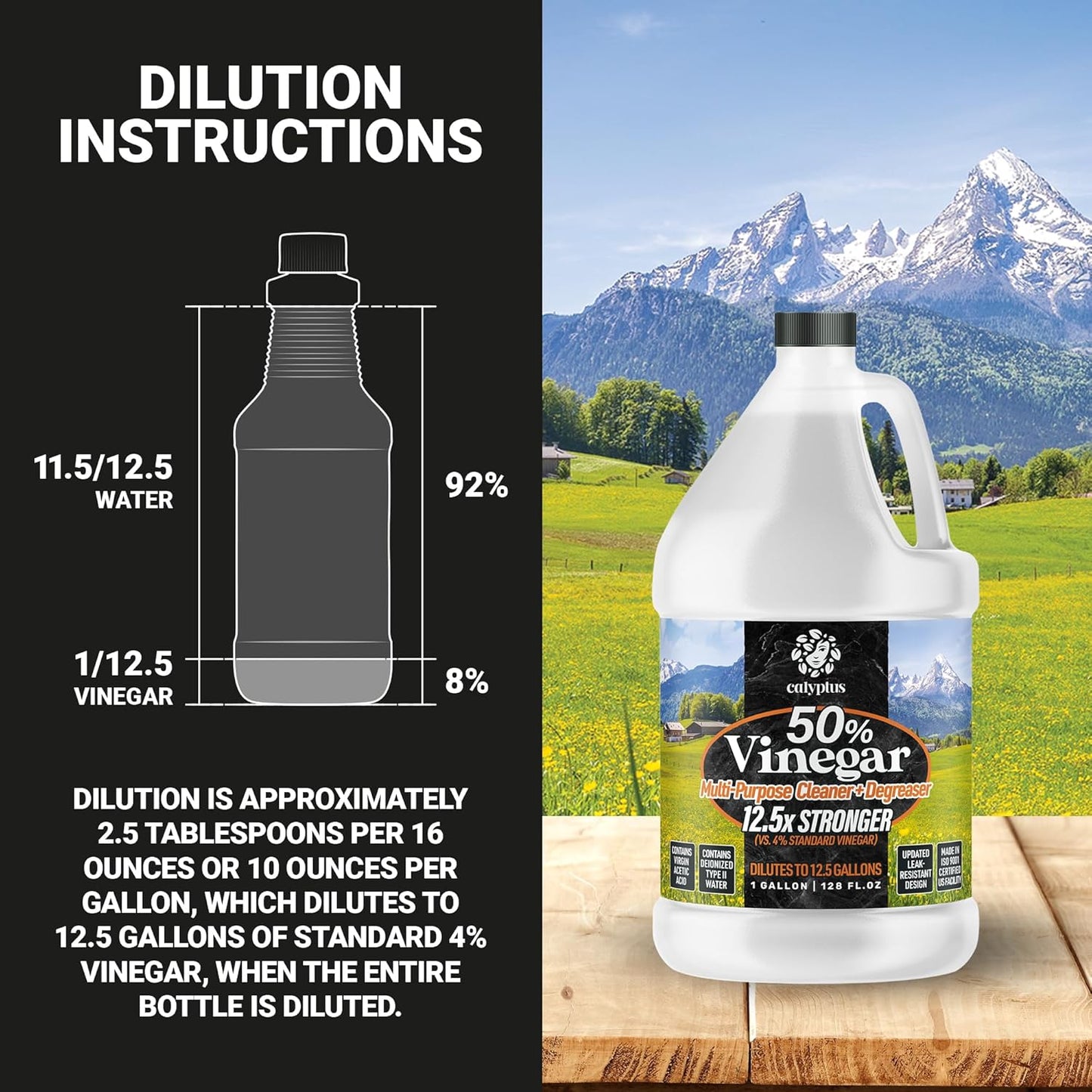 Calyptus 50% Pure Concentrated Vinegar | Maximum-Performance (12.5X) Power | Technical Grade | Dilutes Easily to 5% Acidity (1.5 Cups per Gallon) | Home and Outdoor Cleaning Concentrate | 2 Gallon