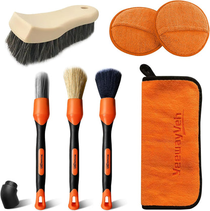 YeewayVeh 3pcs Car Detailing Brush Set, Boars Hair Detailing Brushes, Ultra Soft Detail Brush for Air Vent Leather Seat, Scratch Free Car Detailing Brushes for Interior Exterior, Orange