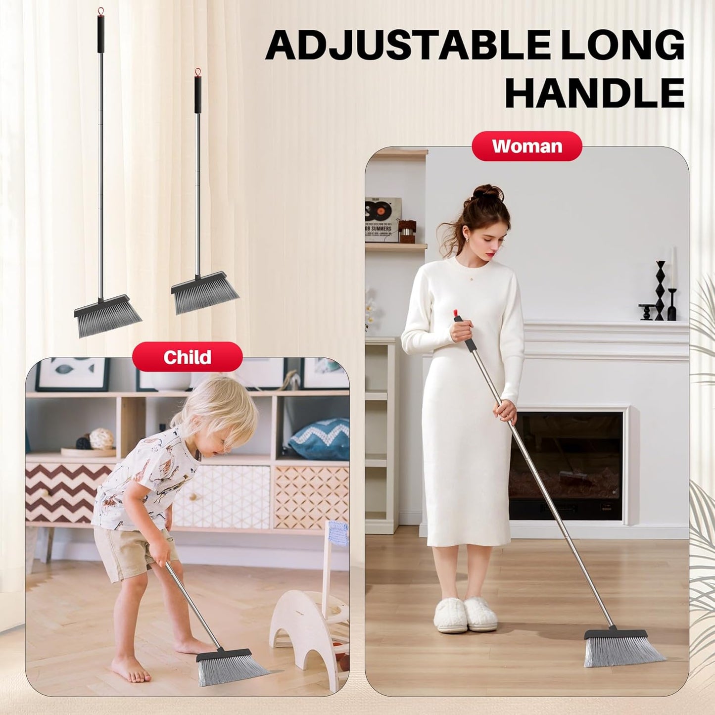 JOYMOOP White Broom and Dustpan Set, Upright Angle Design with Built-in Comb Teeth for Kitchen, Office, Pet Hair, Hard Floors
