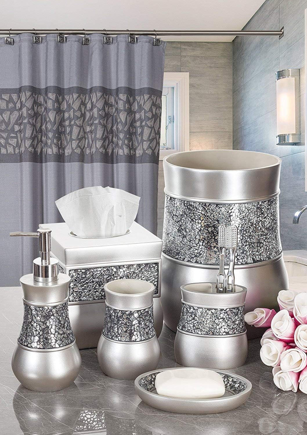 Creative Scents Crackled Glass Toilet Brush with Holder - Silver Toilet Bowl Cleaner Brush and Holder - Good Grip, Deep Cleaning, Decorative Design Compact Toilet Bowl Scrubber