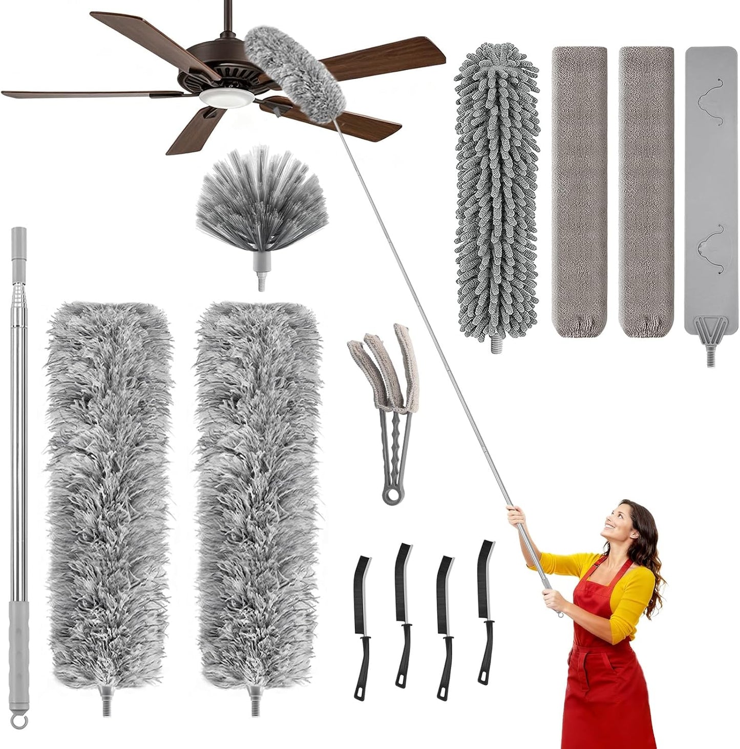 100-inch Duster with Extension Pole, 9-in-1 Cobweb Duster Kit Includes Spider Web Brush & Flat Gap Cleaner for High Ceiling, Fan, Under Appliances, Car, Home Deep Cleaning