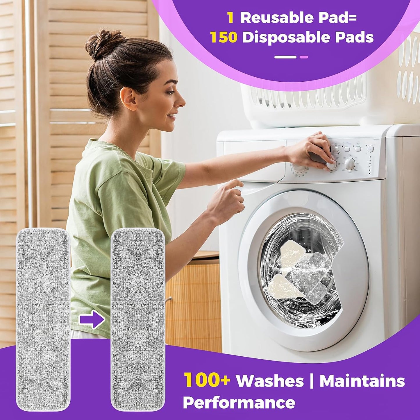Bisenkud Reusable Pads for Swiffer® Power Mop™ - 100+ Wash Durable, High Absorption 4-Pack, Pet Hair Capture for Hardwood Tile & Vinyl Quick-Dry Refills