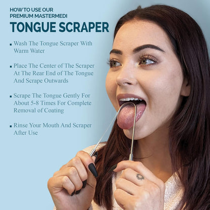 MasterMedi Tongue Scraper for Adults, 100% Stainless Steel Tongue Scrubber for Bad Breath, Easy to Use, Tongue Cleaner for Oral Care & Hygiene (SS Uni|Pack of 2)