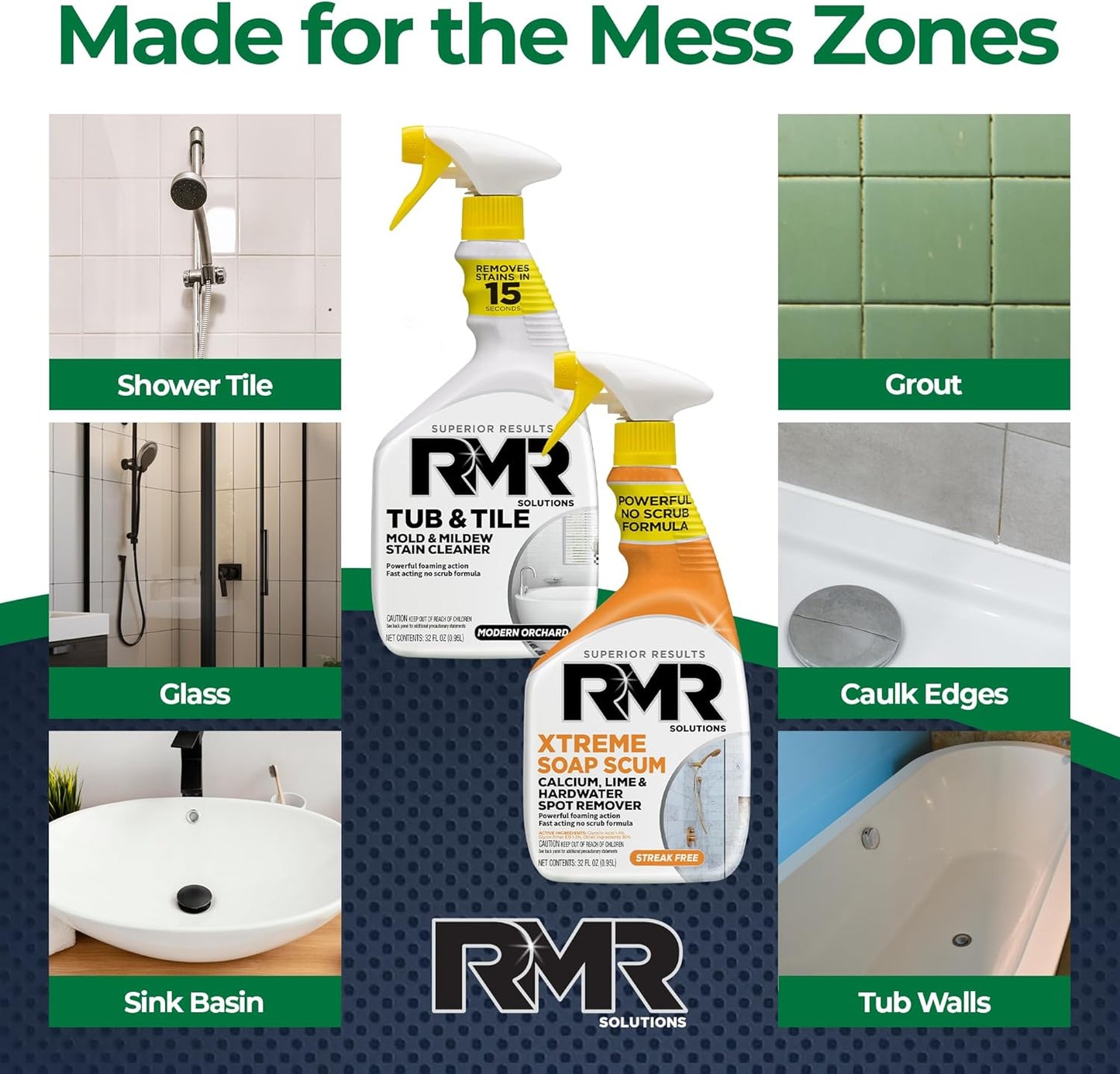 RMR Bathroom Breakthrough Bundle – Tub & Tile Cleaner + Xtreme Soap Scum Remover, 2-Step Deep Clean System for Shower, Tub, Tile, Grout, & Glass Buildup, Stains, & Grime, 2–32 Oz Bottles