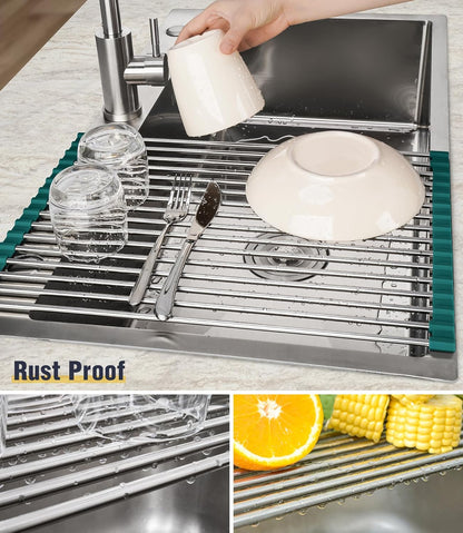 Tomorotec 17.7" x 15.5" Roll Up Dish Drying Rack Over Sink Drying Rack Sink Cover Kitchen Sink Accessories Gadget Multipurpose Organizer Foldable Stainless Steel Drainer (Grey)