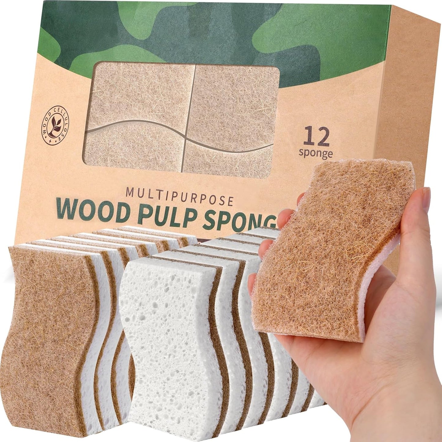 12Pack Natural Kitchen Sponge, Biodegradable Cellulose and Coconut Scrubber, Eco Friendly Sponges for Dishes