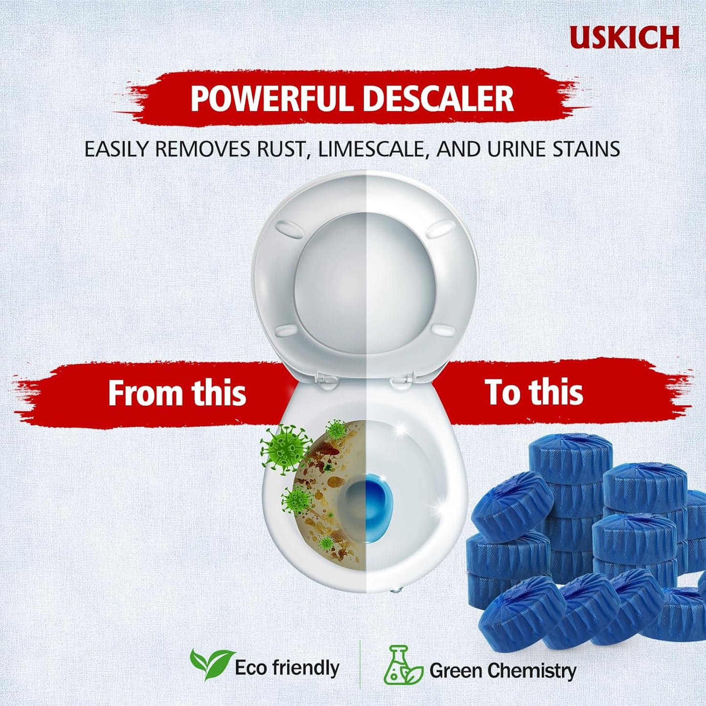 USKICH 20 Pack Toilet Bowl Cleaner Tablets,Blue Automatic Toilet Tank Cleaners, Long-Lasting Household Toilet Cleaners,Toilet flush Cleaning & Deodorizer