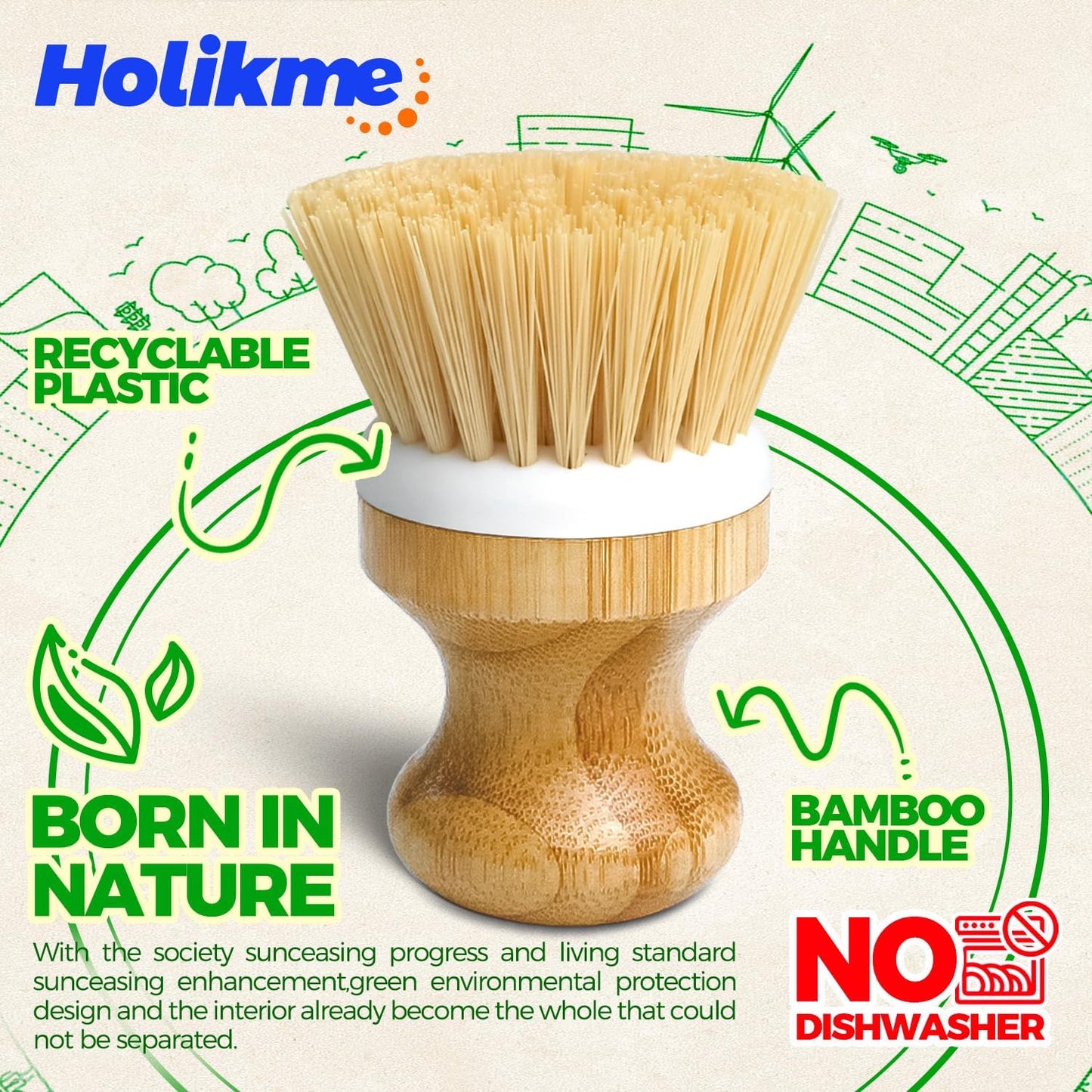 Holikme 3 Pack Dish Brush Set with Bamboo Handle, Kitchen Brushes for Cleaning Pot, Sink and Stove, Skillet Scrubber with Tough Bristles for Cast Iron Grill Pan, Yellow White Black