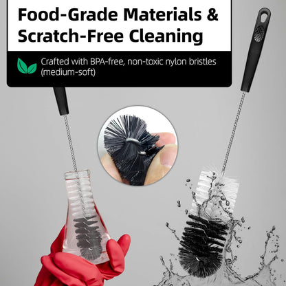 2 Pcs Bottle Brushes Set, Long Thin Flexible Bendable Flexible Cleaner for Narrow Neck Bottles, Water/Wine/Beer/Baby Bottles, Pipes, Tubes, Hoses, Teapots - Bendable & Dishwasher Safe