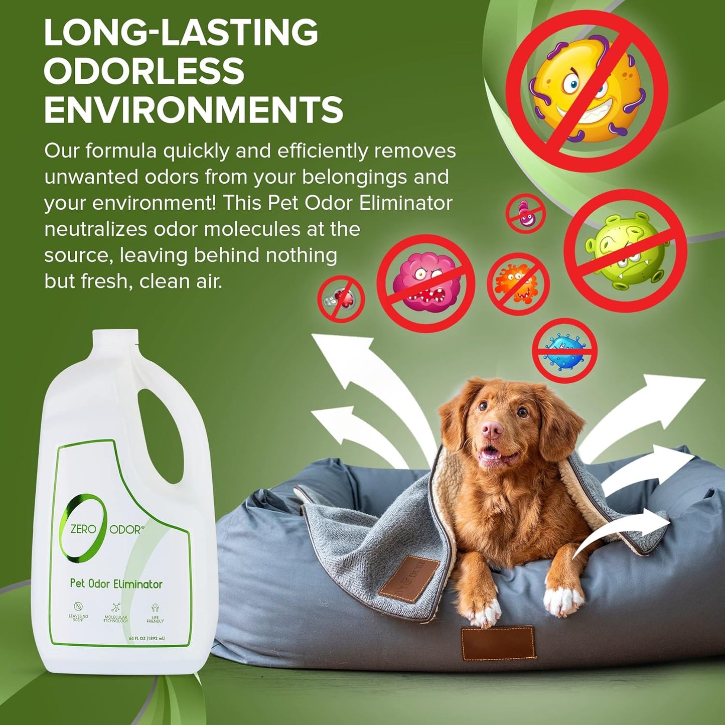 Zero Odor - Pet Odor Eliminator - Permanently Eliminate Air & Surface Odors – Patented Molecular Technology Best For Carpet, Furniture, Pet Beds - Smell Great Again (Over 400 Sprays Per Bottle)