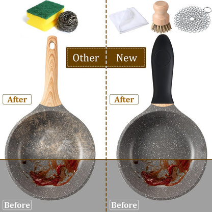 Patelai 7 Pieces Cast Iron Cleaner Set Include Stainless Steel Chainmail Scrubber with Bamboo Dish Scrub Brush Hot Handle Holder 2 Pan Grill Scrapers Kitchen Towel Wall Hook (Bright Color)