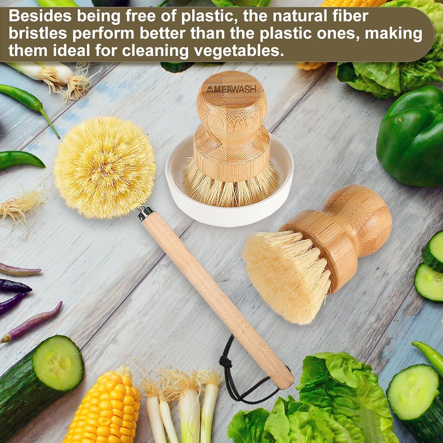 AMERWASH PLUS Dish Brush with Wooden Handle, Natural Kitchen Brush for Dishes Vegetable, Pots and Pans, Tampico Fiber Bristles Scrubber, Extra 3 Pack Replacement Head Included